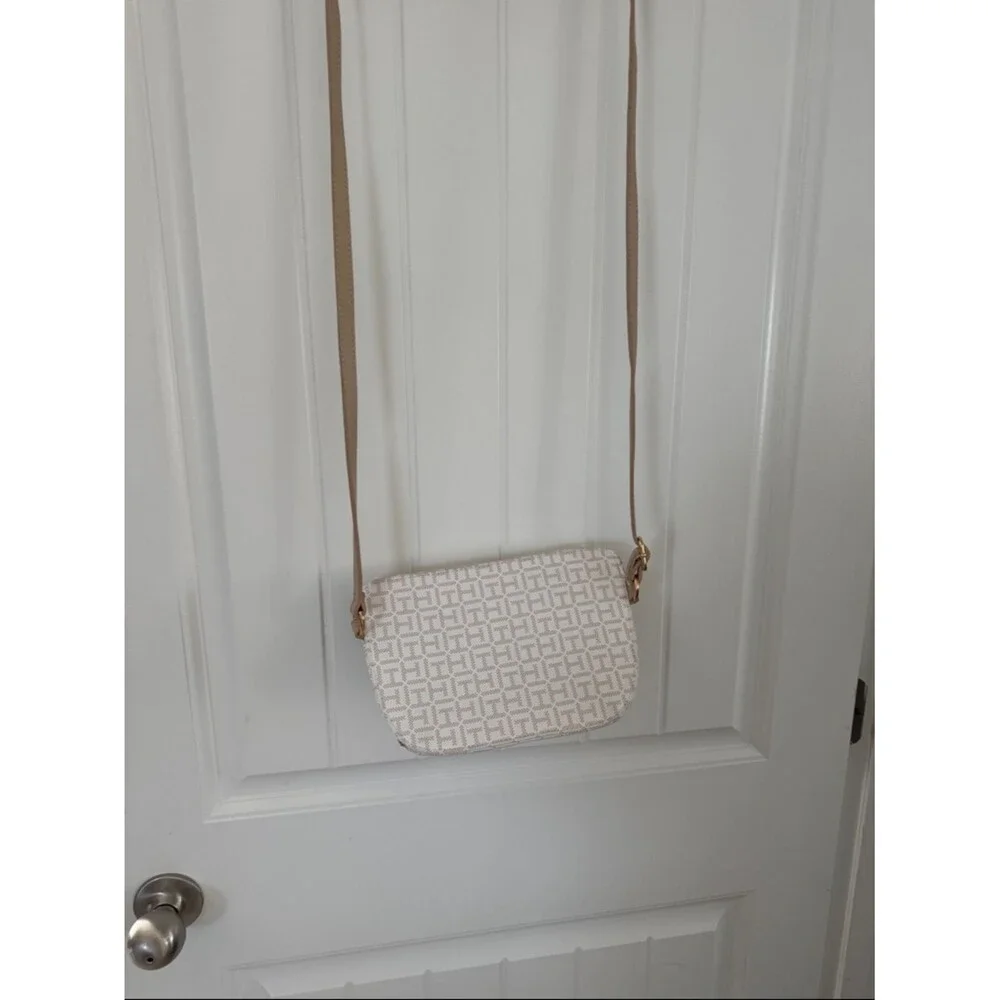 Tommy Hilfiger Beige Monogram Laptop Crossbody Bag
